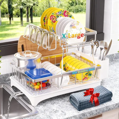 Miniatura 10 de Godboat Escurridor de platos, escurridor de platos con drenaje automático y alfombra, escurridor de platos para encimera de cocina, organizador