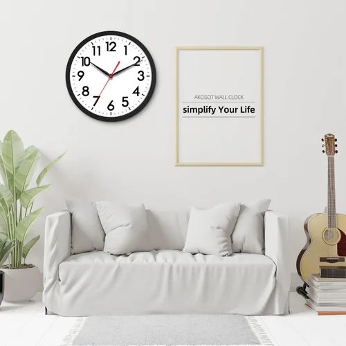 Miniatura 9 de AKCISOT Reloj de pared de 12 pulgadas, silencioso y moderno, funciona con pilas, reloj analógico clásico para oficina, hogar, baño, cocina, A_negro