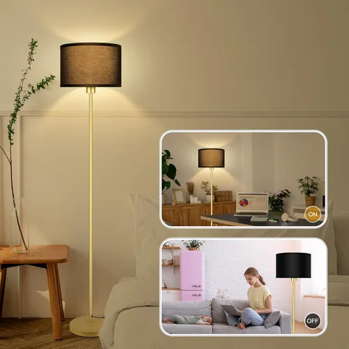 Miniatura 3 de Lámparas de pie doradas para sala de estar, lámpara de pie moderna y brillante, pantallas negras, interruptor de pie, lámparas de poste simple