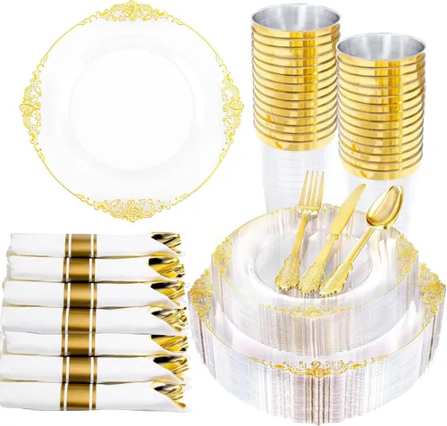 Miniatura 35 de Hioasis 175 platos de plástico verde transparente, elegante juego de vajilla desechable adecuado para 25 invitados, incluye platos de cena de 10.25