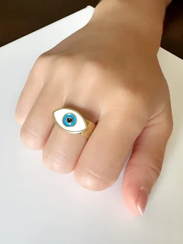 Miniatura 4 de LESLIE BOULES Anillo esmaltado de ojo turco chapado en oro de 18 quilates ajustable para mujer, Esmalte Metal