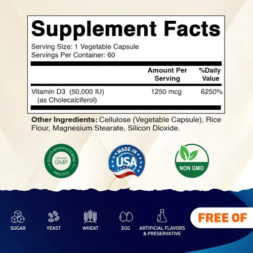 Miniatura 2 de Vitamatic 3 Pack Vitamina D3 50,000 UI (como colecalciferol), Dosis Semanal Única, 1250 mcg, 60 cápsulas vegetarianas Suministro para 1 año, Fórmula