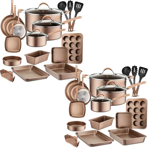 NutriChef Juego de utensilios de cocina de cerámica antiadherente metálica, ollas y sartenes para hornear con tapas y utensilios, juego de 20