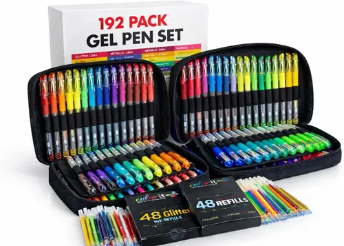ColorIt Juego de bolígrafos de gel para colorear, paquete de 192 con 12 bolígrafos metálicos, 12 neón, 72 bolígrafos de gel con purpurina, 96