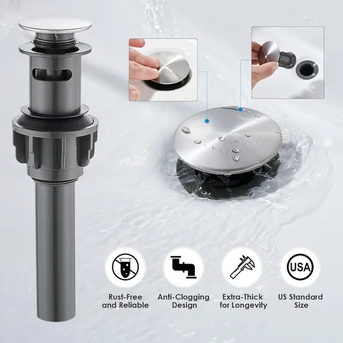 Miniatura 7 de Grifo de baño de cascada de níquel cepillado, grifo de lavabo de baño de una sola manija con desagüe pop-up y placa de cubierta para 1 o 3 orificios