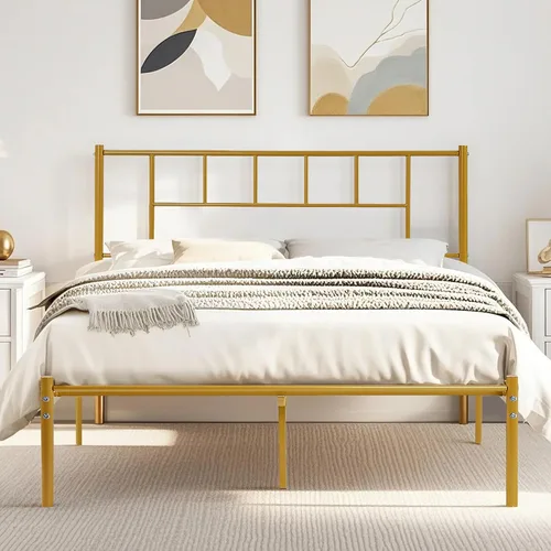 Miniatura 12 de VECELO Marco de cama de plataforma de metal completo con cabecero, soporte de listones de acero resistente, almacenamiento debajo de la cama,