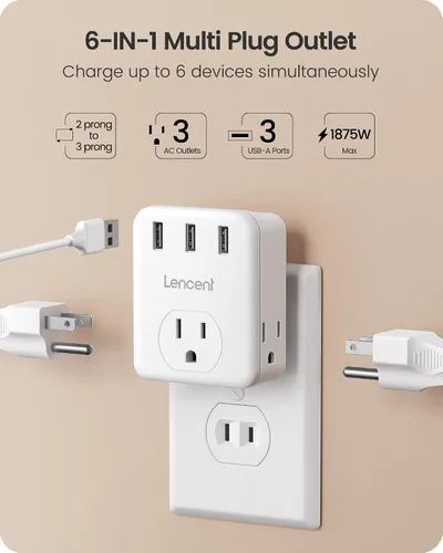 Miniatura 3 de LENCENT Adaptador de 3 clavijas a 2 clavijas, paquete de 2, extensor de 3 tomas de corriente con 3 puertos USB, cargador de pared, divisor extensor