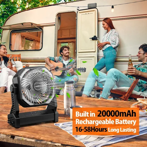Miniatura 2 de Ventilador de camping de 20000 mAh, recargable, funciona con batería con gancho giratorio de 360°, luz de 400 lúmenes, pivote de 270°, 4