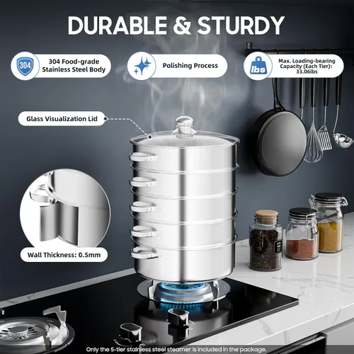 Miniatura 2 de Olla de vapor de acero inoxidable de 5 niveles para cocinar, olla de vapor multiusos de acero inoxidable de 11 pulgadas con asa y tapa, cesta