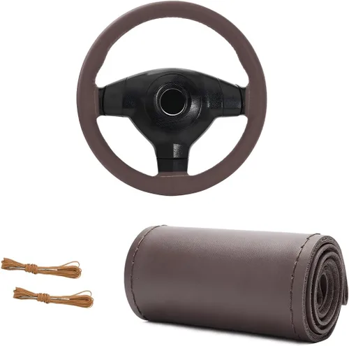 Miniatura 8 de Funda de Volante de Cuero Genuino, 15 Pulgadas, Transpirable, Funda de Volante Envolvente con Costura, Protector de Costura DIY Antideslizante