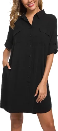 Miniatura 3 de MANAIXUAN Women's Shirt Dress V Neck Long Sleeve Loose Casual with Pockets Front Button