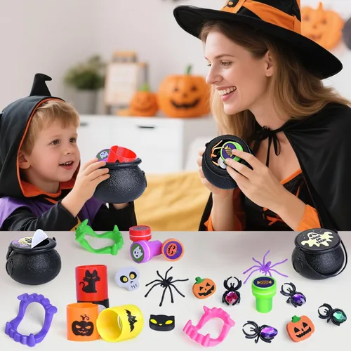 Miniatura 7 de Recuerdos de fiesta de Halloween para niños, paquete de 24 caldero de bruja de plástico prellenado, juguete novedoso a granel, juguetes de Halloween