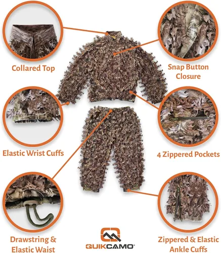Miniatura 5 de QuikCamo Mossy Oak 3D Leafy Camo Ghillie Suit - Breathable Quiet Mesh, Snaps and Zippered Pockets for Turkey Hunting