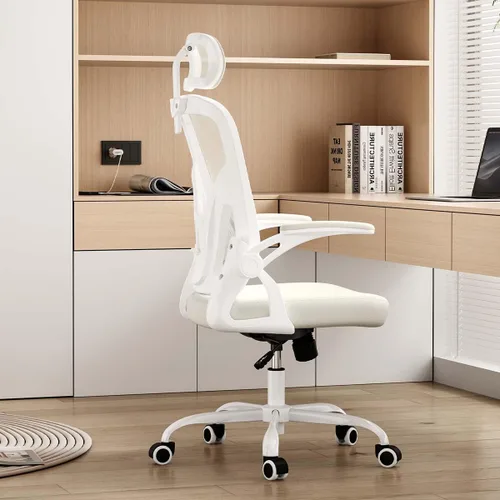 Silla de oficina ergonómica con soporte lumbar ajustable y reposacabezas, silla de escritorio de malla de respaldo alto con reposabrazos abatibles