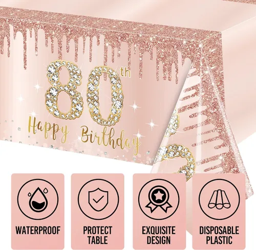 Miniatura 3 de Excelloon Paquete de 3 Manteles de Cumpleaños de 80 Años, Decoración de Mantel Rosa Púrpura Feliz Cumpleaños de 80 Años, Mantel Desechable
