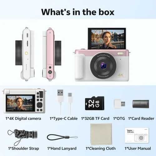 Miniatura 8 de Cámara digital 4K con pantalla abatible, rosa, cámara compacta para fotografía Auto Focus, Built-in WiFi, 16x Digital Zoom, 2500mAh Battery, 32GB
