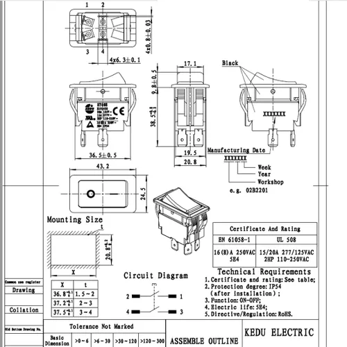 Miniatura 5 de 1 pieza KEDU HY60E Interruptor de botón pulsador ON-Off Interruptor basculante 20A 125V 16(8) A 250V E195428 Negro