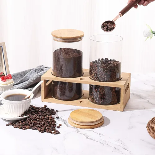 Miniatura 2 de ZOMUIA Contenedores de Café de Vidrio Herméticos Frascos de Almacenamiento de Granos de Café con Estante, 2 Piezas 44oz Organizador de Estación