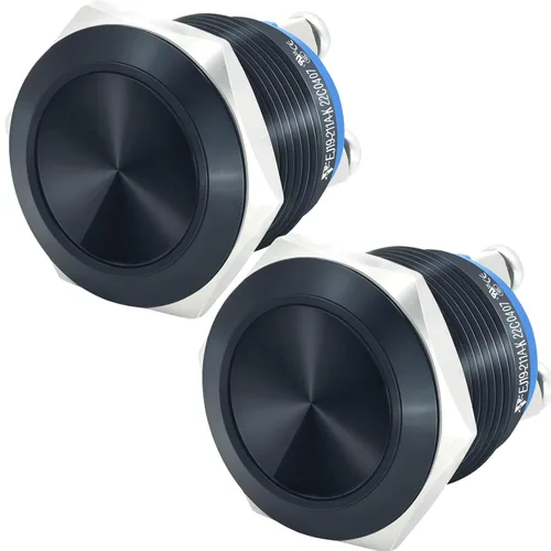 2 piezas de interruptor de botón de presión de 19 mm, negro, momentáneo, impermeable IP67, metal, plano, redondo, 3/4 pulgadas, 12 V, 24 V, 36 V,