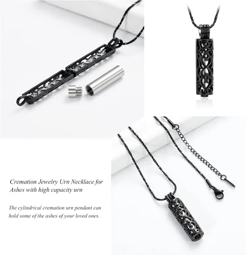 Miniatura 61 de Imrsanl Collar con colgante de urna de cremación con vial de cilindro hueco, urna de recuerdo, joyería de cremación, medallones conmemorativos
