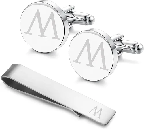 Miniatura 73 de LOYALLOOK - Gemelos de acero inoxidable grabados con inicial y clip de corbata, diseño de letras del alfabeto con caja de regalo, A-Z
