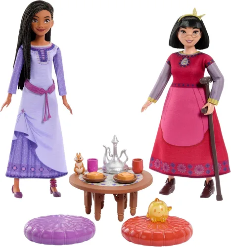 Mattel Juguetes de Disney Wish, juego de mejor amiga para la hora del té con muñecas Asha y Dahlia de Rosas, 2 figuras, 1 mesa y 10 accesorios,