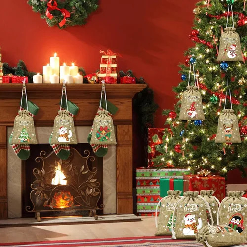 Miniatura 8 de FLOE 72 piezas Bolsas de regalo de Navidad de arpillera con cordón, bolsas de lino de Navidad con cordón para golosinas, bolsas de regalo de Navidad