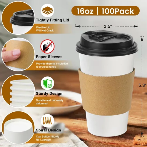 Miniatura 3 de Lamosi Paquete de 100 tazas de café desechables de 16 onzas con tapas y mangas, a prueba de fugas, tazas de café de papel con tapas, bebidas