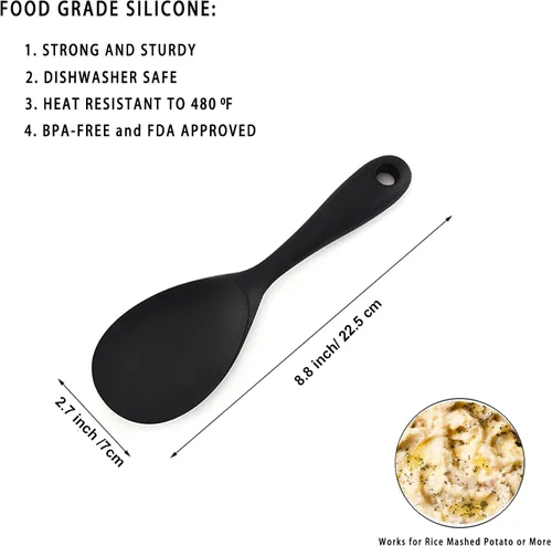 Miniatura 2 de Dioycli Espátula de arroz antiadherente para arroz, cuchara de arroz de silicona resistente al calor, cuchara de arroz negro para cocinar, sopa