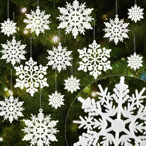 Miniatura 8 de Paquete de 36 adornos de plástico en champán dorado de copos de nieve, decoraciones colgantes de copo de nieve para el árbol de Navidad de invierno