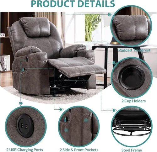 Miniatura 3 de Electric Swivel Rocker Recliner with Massage & Heat Power Reclining Lounge Chair with Remote, Cup Holders, USB Ports Oversized Gray Glider Recliner
