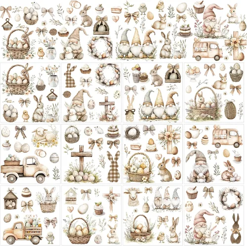 Transferencias Rub on de Pascua para Manualidades - 12 Hojas de Calcomanías de Transferencias Vintage de Muebles de Pascua, Diseños de Huevo Conejo