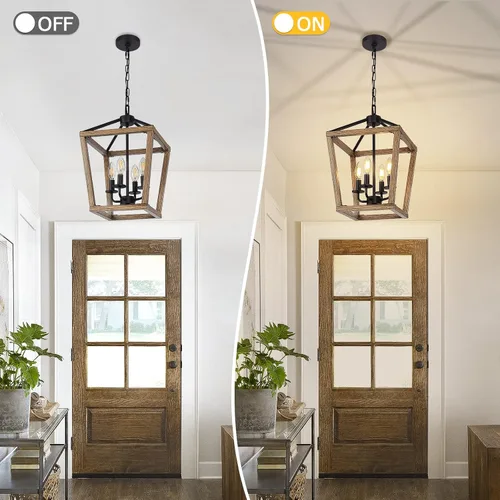 Miniatura 5 de Lámpara de araña de granja de 4 luces, lámpara de techo rústica tipo linterna con jaula de metal pintado de madera y cadena ajustable, luminaria