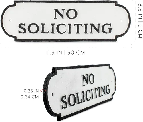 Miniatura 6 de AuldHome - Letrero de hierro fundido con texto en inglés "No Soliciting"; placa rústica de metal en blanco y negro de 11.9 x 3.4 pulgadas; incluye