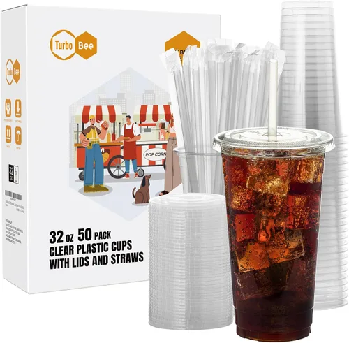 Miniatura 9 de Turbo Bee - 25 juegos de vasos de plástico transparente de 32 oz con tapas y popotes desechables para llevar, vasos con tapas para café helado
