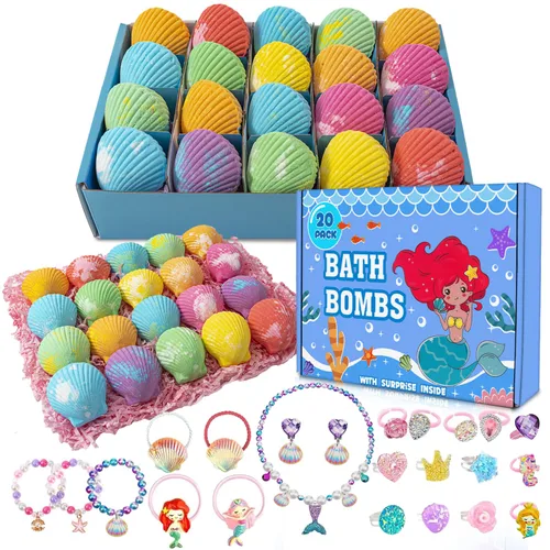 Paquete de 20 bombas de baño de sirena para niñas y niños con sorpresa en el interior, regalos de sirena para niñas, regalos de cumpleaños, Pascua,