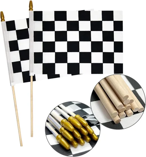 2 banderas a cuadros de 8 x 12 pulgadas, banderas de carreras en blanco y negro en palo, bandera de mano de Fórmula Uno F1 Racing con parte superior