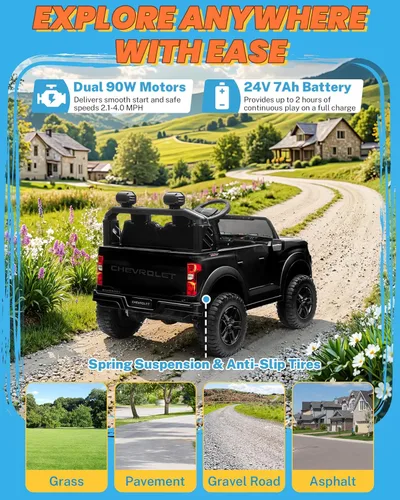 Miniatura 7 de ENYOPRO - Vehículo de 24 V con licencia Chevrolet Silverado LT Trail Boss de 2 plazas para niños, automóvil eléctrico con control remoto, cinturón