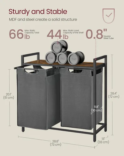 Miniatura 7 de VASAGLE cesto para la ropa, cesta de lavandería, clasificador de ropa con 2 bolsas extraíbles y tiradores, estante, estructura metálica, 2 x 12.1