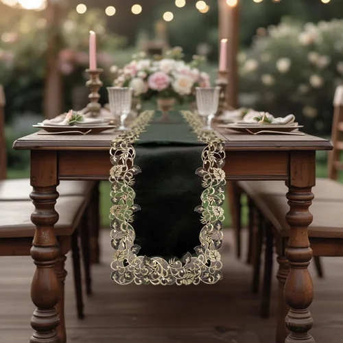 Miniatura 4 de DECOZEN Camino de mesa navideño de encaje dorado negro – Bufanda bordada para comedor y tocador para mesas de vacaciones, bodas y fiestas – 14 x 108