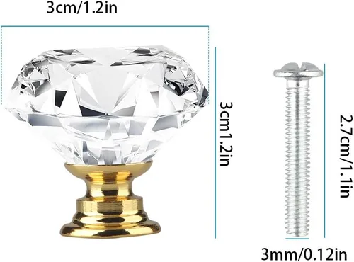 Miniatura 3 de Tomorotec Elegantes tiradores de cristal en forma de diamante para cajones, juego de 12 con base dorada y tornillos, 1.2 pulgadas, ideal