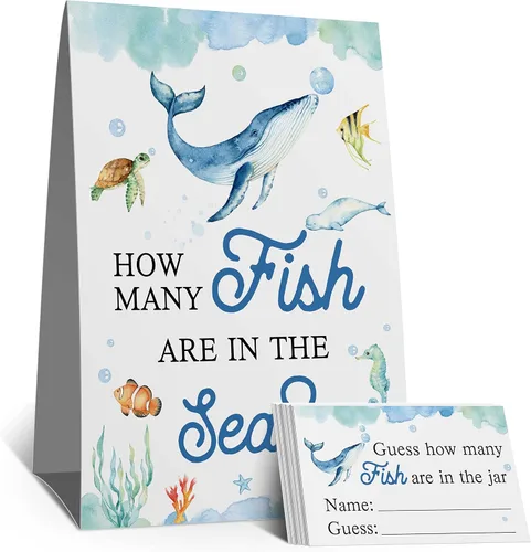 Guess How Many Fish in the Sea Mermaid Party Game ,How Many Candy Sharks Game， Watercolor Ocean Themed Baby Showers Decorations Game(1 Sign+50
