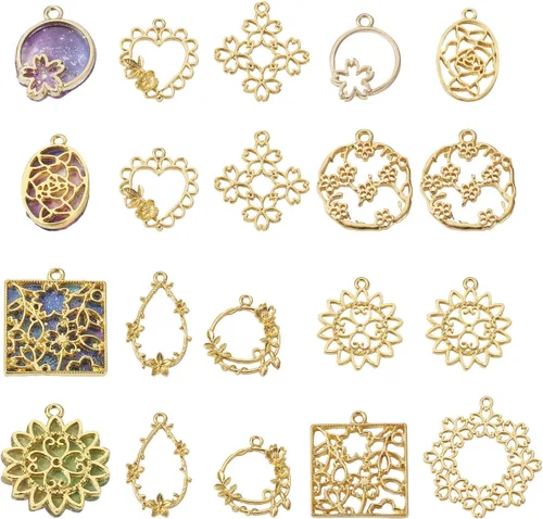 Miniatura 23 de Cheriswelry Colgantes de bisel de aleación de oro surtidos con parte trasera abierta, diseño de hoja de flor, corazón, metal, marco hueco, molde
