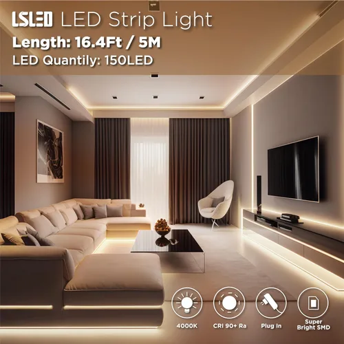 Miniatura 2 de Tira de luces LED, tira de luz LED de 16.4 pies con adaptador ETL de 12 V CC, 4000 K, luz blanca neutra con revestimiento de poliuretano, luces LED