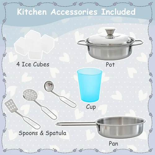 Miniatura 9 de MAT EXPERT Juego de cocina para niños, cocina de juguete de chef de madera con pizarra, máquina de hielo, accesorios de utensilios de cocina, Blanco