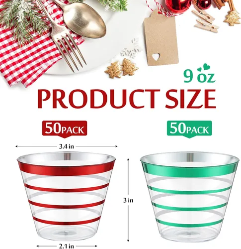 Miniatura 2 de Gejoy 100 vasos de plástico de 9 onzas con borde de Navidad a rayas, desechables a granel, vasos de plástico duro para beber, vasos para bodas, Rojo