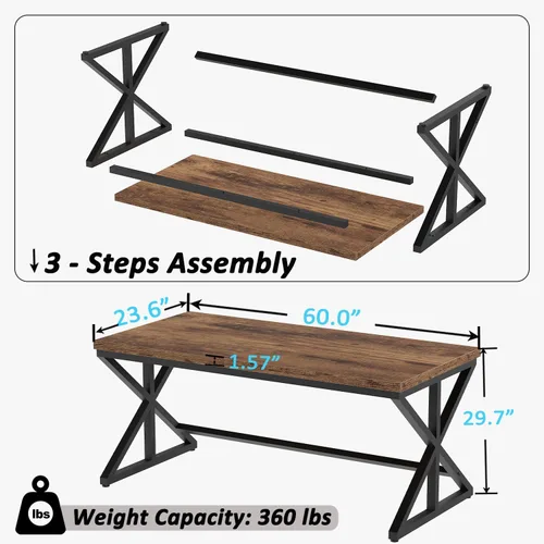 Miniatura 2 de IBF Mesa de Computadora Industrial, Escritorios de Oficina Ejecutivos de Madera y Metal Rústicos, Mesa de Escritorio Grande, Larga y Simple