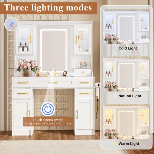 Miniatura 4 de Tocador blanco con espejo y luces LED, juego grande de mesa de maquillaje con 2 gabinetes de exhibición, 6 cajones y 2 gabinetes de almacenamiento
