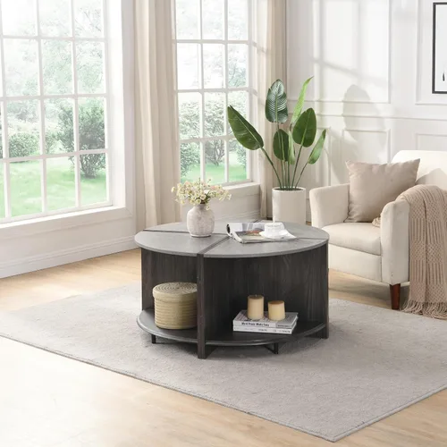 Miniatura 43 de KEVINSPACE Mesa auxiliar negra con borde dorado en la parte inferior, mesa de centro redonda para espacios pequeños, mesa auxiliar de madera mesita