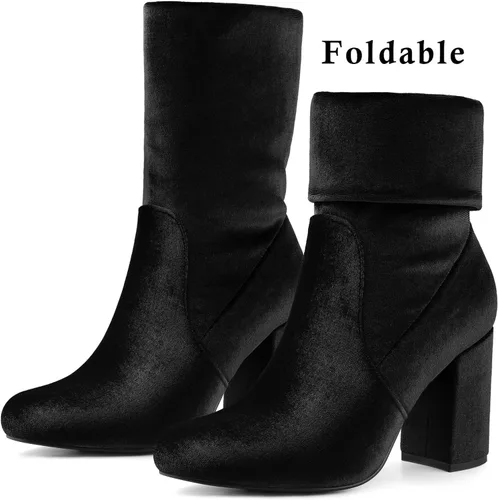 Miniatura 3 de Allegra K Botas de terciopelo con punta redonda y tacón de bloque plegables a media pantorrilla para mujer